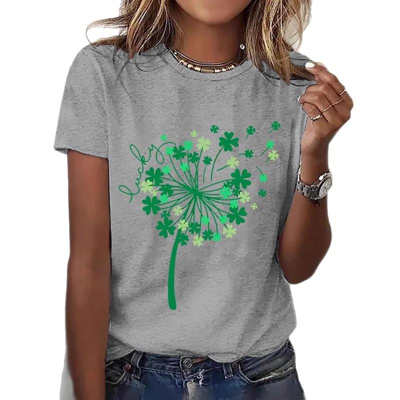 Damen Lucky Clover Pusteblumen Print T-Shirt Lässiges Kurzarm Rundhals Oberteil Sommer
