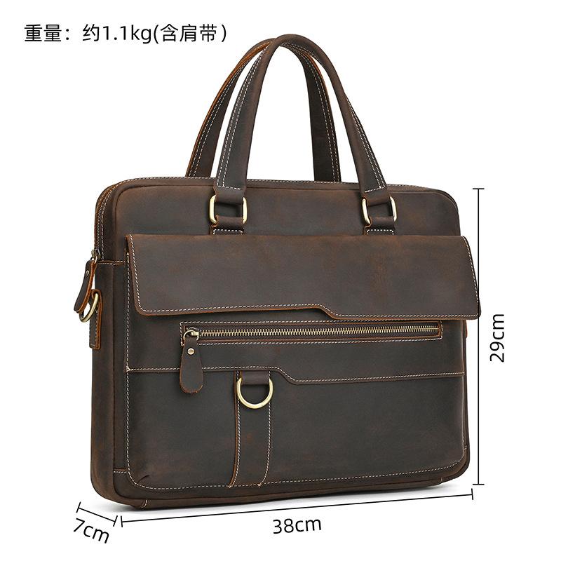 Men'S Leather Commuter Handbag 15 Inch Crazy Horse Leather Briefcase Shoulder Bag Cowhide Business Computer Bag