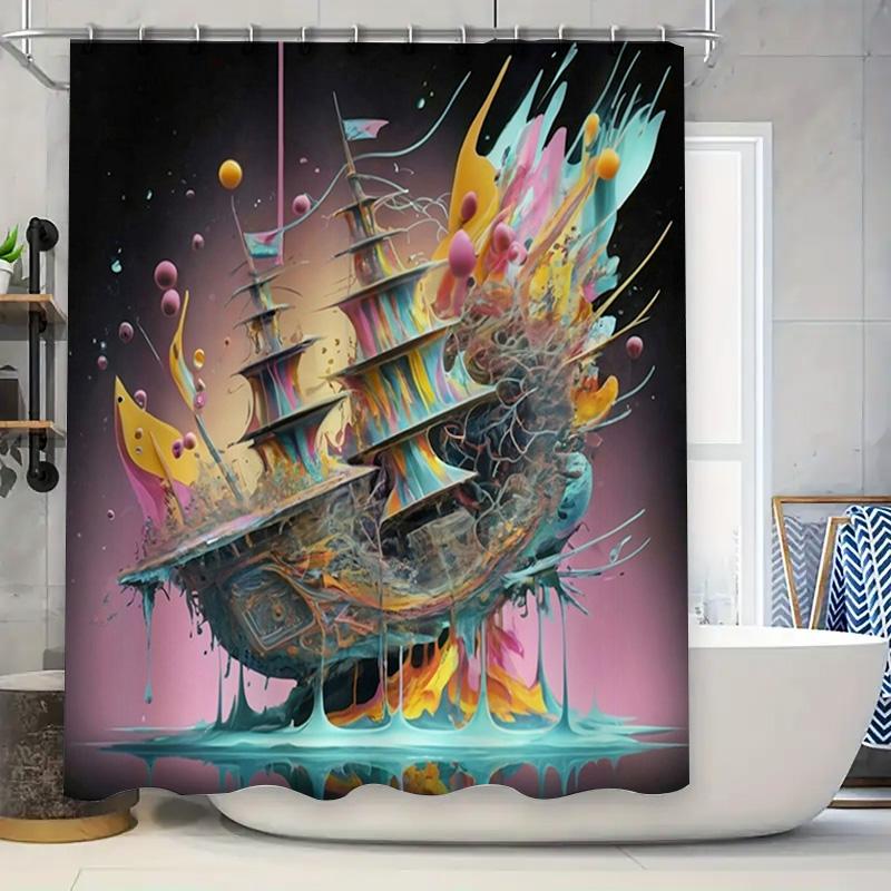

Vibrant Art Shower Curtain Multicolored Ship Decorative Plastic Waterproof Shower Curtains with Rod Pocket for Home Bathrooms 90x180cm