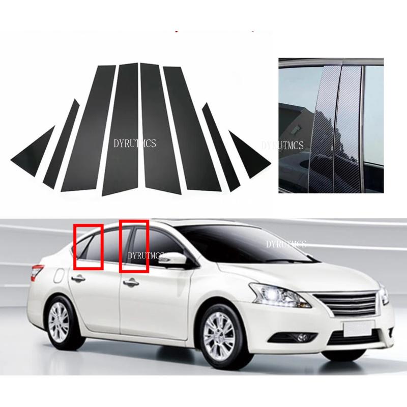 8Pcs Gloss Black Pillar Post Fit for Nissan Sentra 2013 2014 2015 2016 2017 2018 Door Side Trim Window Cover Silver Carbon