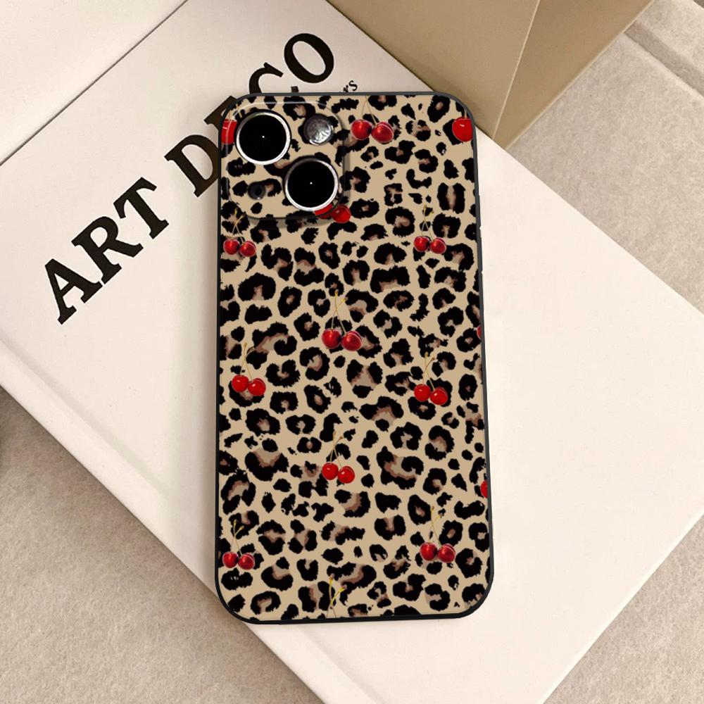 Leopard Print Cherry Star Phone Case FOR IPhone 15 Pro Max 14 11 12 Pro 15 16 Plus 13 Pro MAX XR XS Black Soft Covers