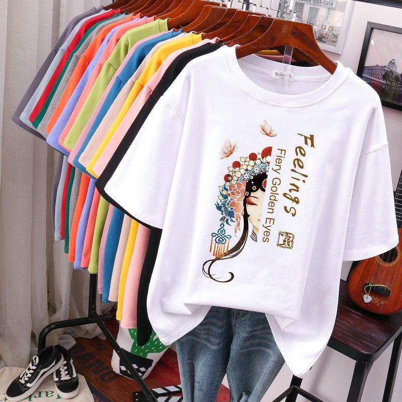 Kinesisk Stil Tryckt Kortärmad Dam Plus Size T-shirt Bomull L-5XL Topp Trendig Tryckt Enkel Vardaglig Dam Kortärmad T-shirt