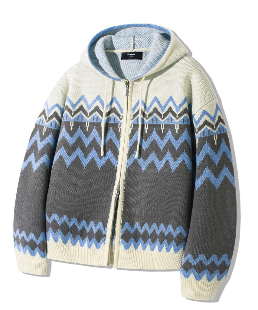 TRILLION Washable Nordic Jacquard 2-Way Hooded Zip-Up Knit [Ivory]