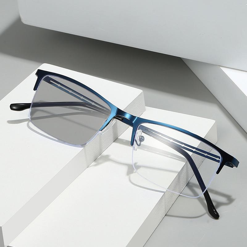 Fashionable Business Semi-Rimmed Photochromic Myopia Glasses Openwork Temple Unisex Eyeglasses 0 To -4.0
