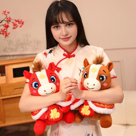 Pony Plush Toy Wear Tang Suit Cape 2026 Year of The Horse Zodiac PP Cotton Filling Pony Decor Chinese New Year Gift for Kids Collectors