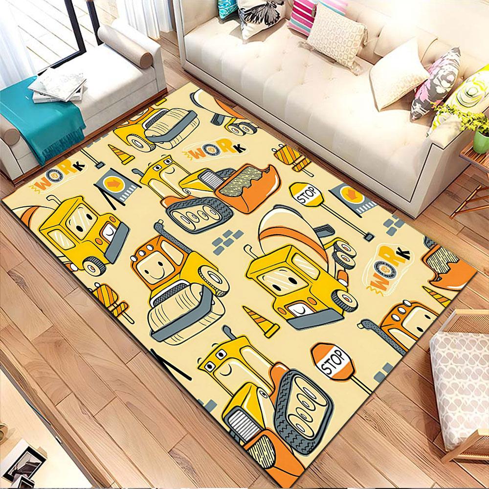 Cute Construction Vehicles Pattern Patterned Carpet, Non Slip Mat Suitable for Living Room and Bedroom Sofas