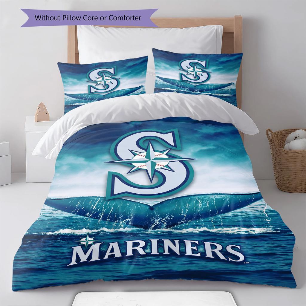 Seattle Mariners Logo Pattern Bedding Set Quilt Cover Pillowcase Home Decor Gift (1 * Duvet Cover + 2 * Pillowcase, Without Core)
