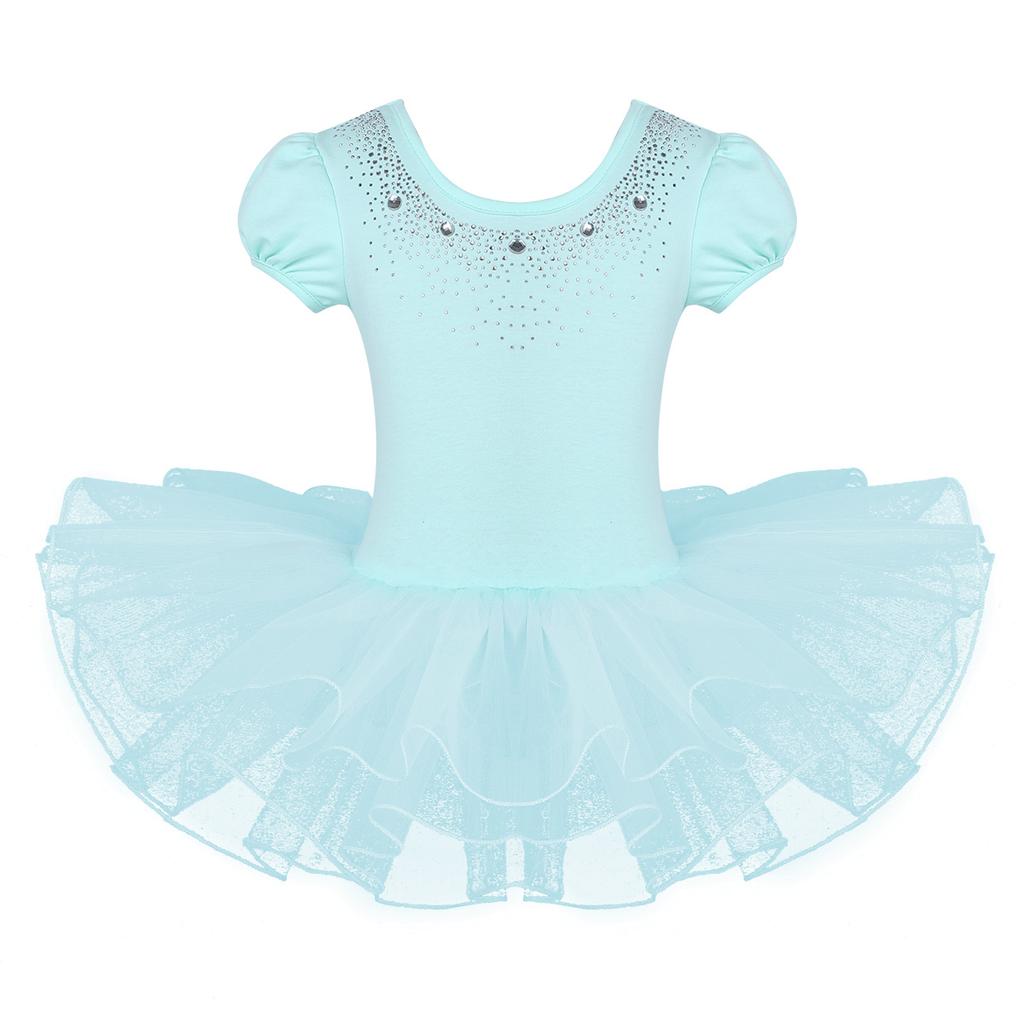 Kids Girls Dance Short Sleeves Ballet Mesh Tutu Dress Child Dancewear Costumes