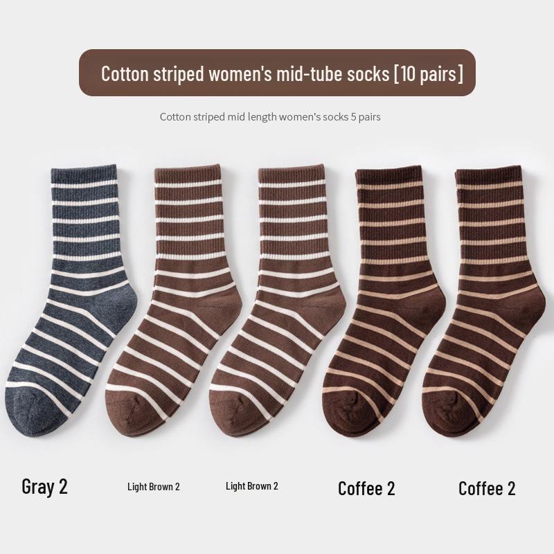 Maillard Women's Striped Mid-Calf Socks - Spring & Autumn Korean Style with Shark Pants