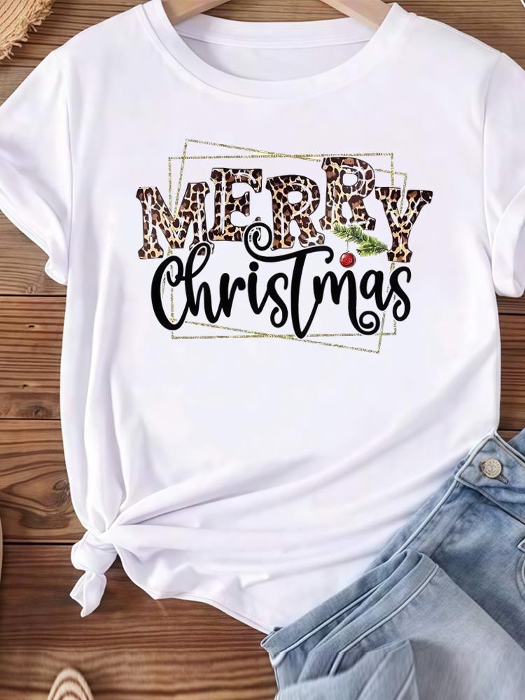 (Asian Size) tree gift happy new year Women's Top T Tee merry Christmas festival O-neck Clothing  Print Fashion ladies Graphic T-shirts