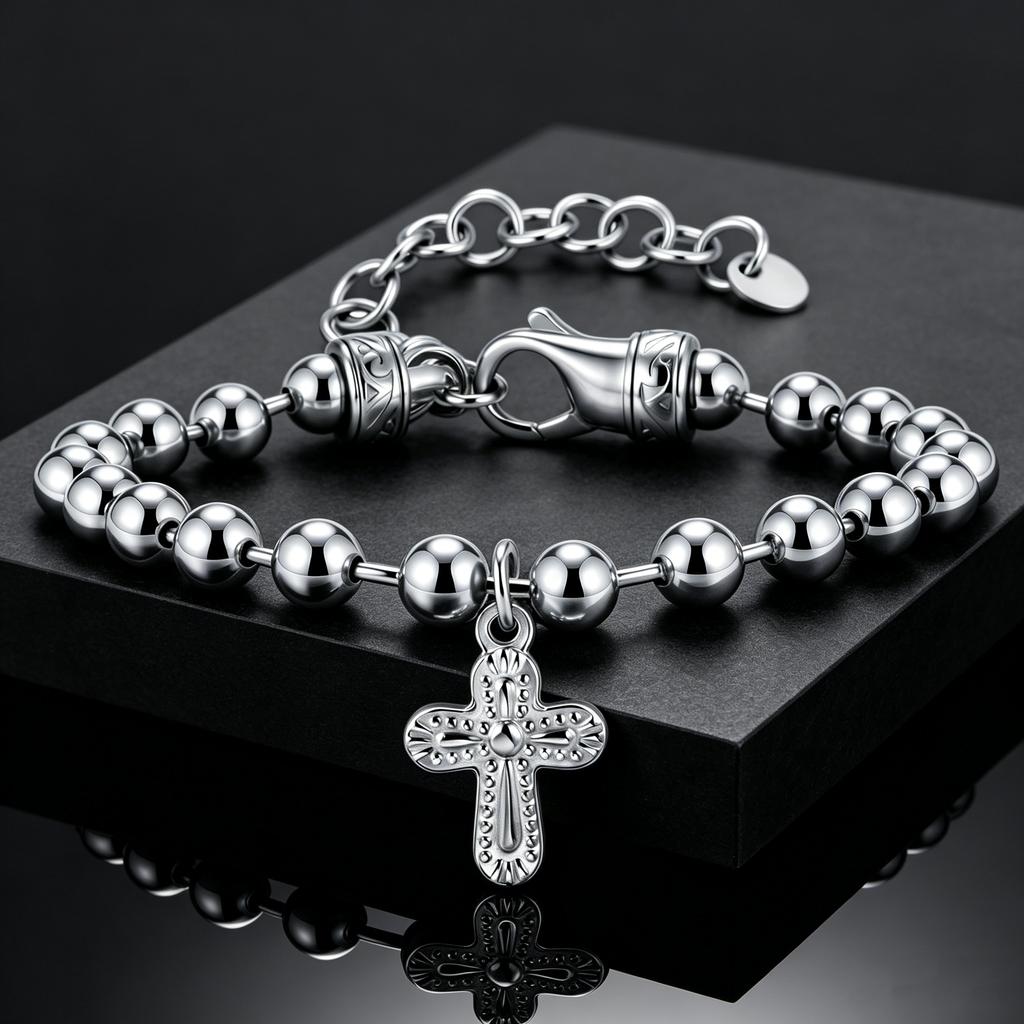 Silver Color Rosary Beads Chain Cross Pendant Bracelets, Stainless Steel Wristband Bracelet, Jewelry for Men Father's Day Gift