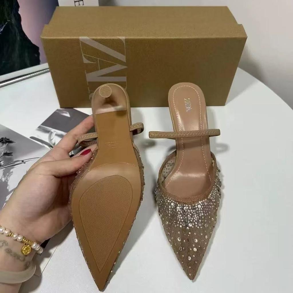 Sandali Estivi da Donna Strass Rete Brillante Tacchi Alti Calzature Eleganti Slingback a Punta Slip on da Festa Scarpe Décolleté da Donna