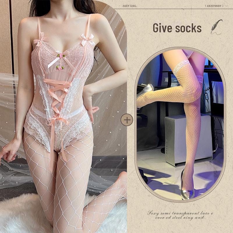 Sweet Candy Color Lace Lingerie Jumpsuit with Temptation Straps and Open Crotch
