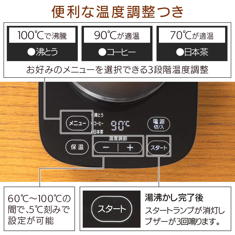 Iris Ohyama Electric Stainless 9 Temperature Keep Warm Automatic After Cleanable Kettle, Steel, 1000ml, Settings, Setting, Shut-Off Boiling, Filter,
