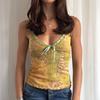 Retro Sleeveless Blouse Printed Ribbon Strap Front Camisole