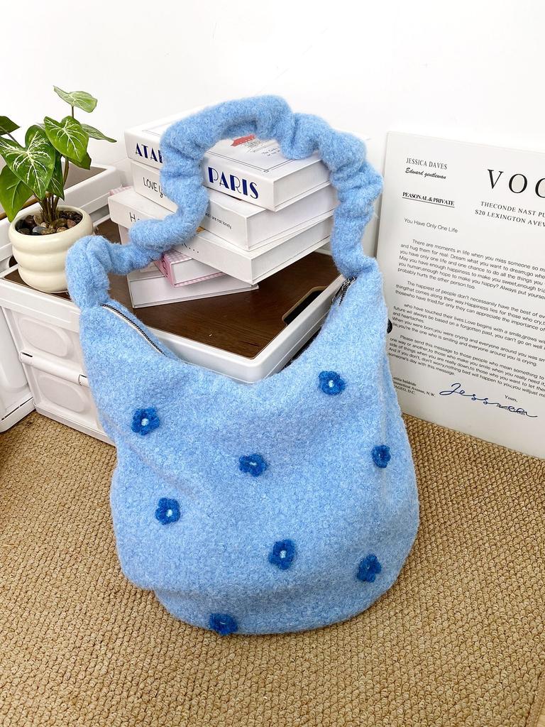 Fashion Three-dimensional Flower Plush Women's Shoulder Bags Drawstring Ladies Crossbody Bag Large Capacity Female Tote Bag