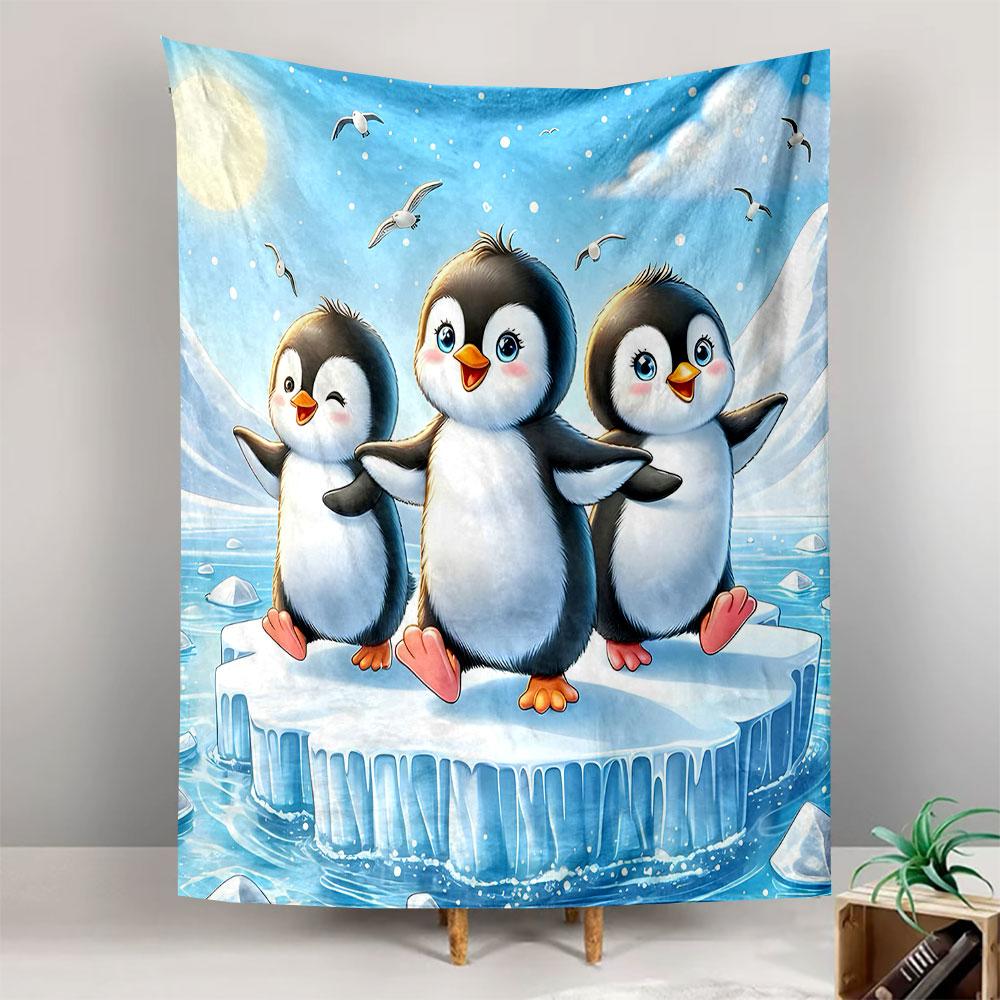 Three Cute Baby Penguins Walking on Ice Floe Snowy Day Wall Tapestry Kids Decor for Nursery Girls Bedroom Playroom Gift