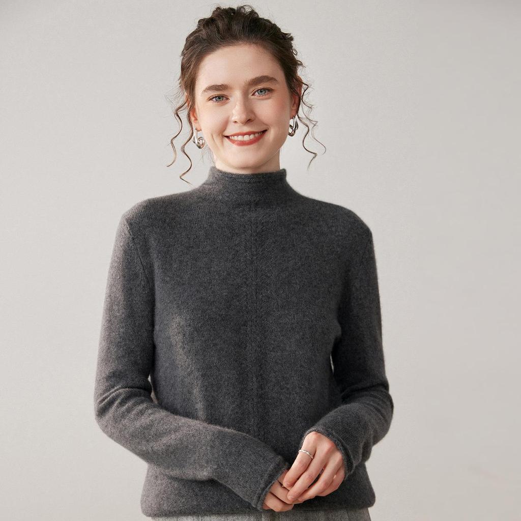 Women's Cashmere Rolled Hem High-Collar Hollow Sweater - Loose Knit Base Layer for Autumn/Winter