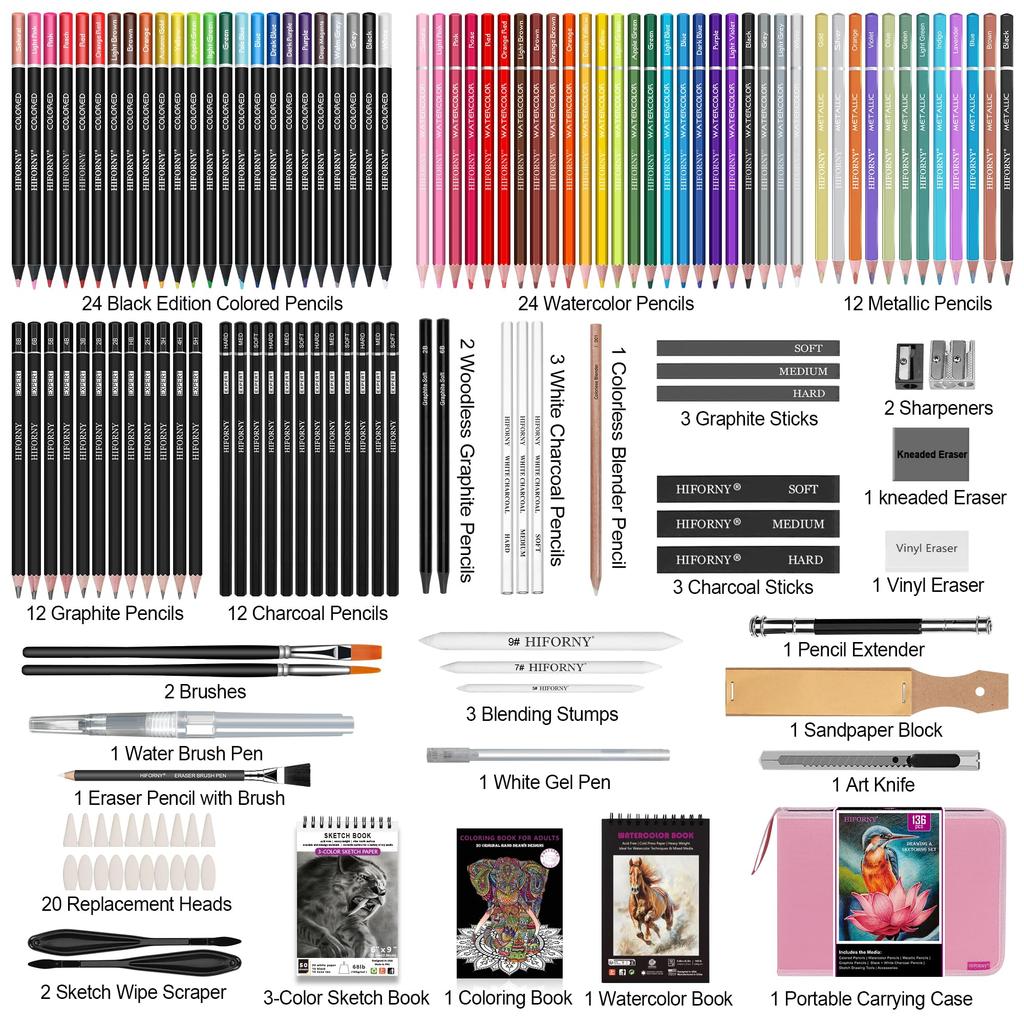 HIFORNY Drawing & Sketching Set, 136-Piece Professional Art Supplies: Graphite, Charcoal, Color, Watercolor, and Metallic Pencils, Blending Tool, Sket