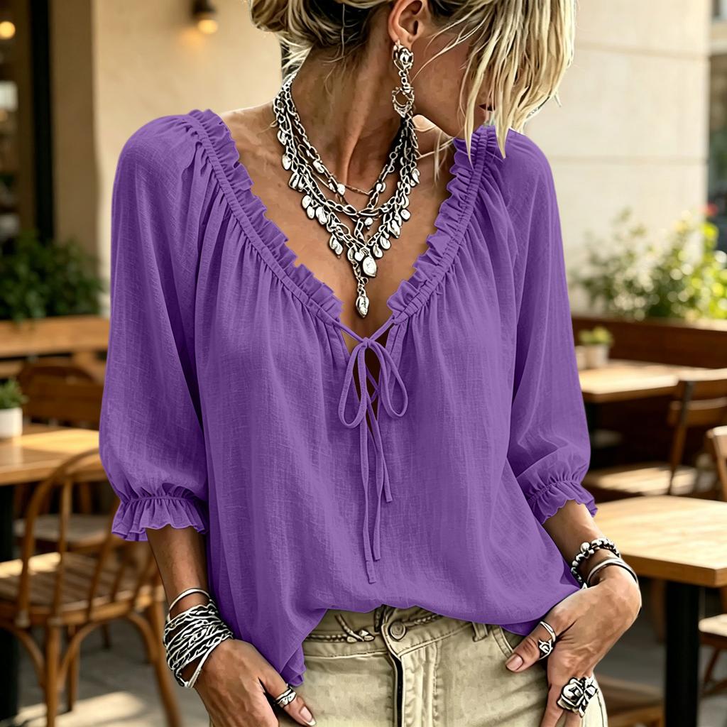 Damen Casual Farbige V-Ausschnitt Bluse mit Rüschenbesatz und Bindeband