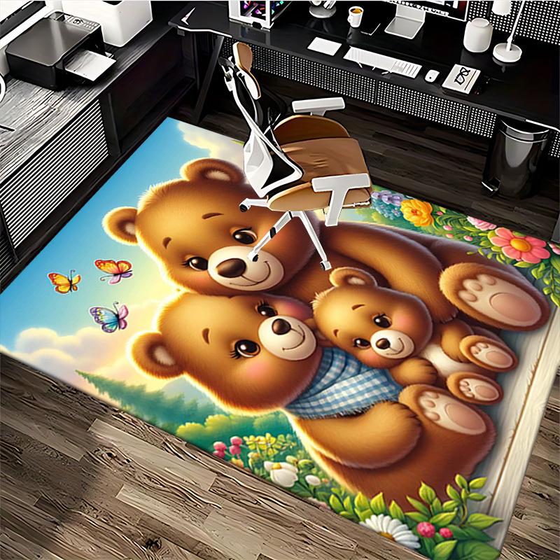 1pc Anime Cartoon Design Office Chair Mat - Cute Bear Family with Butterflies and Flowers, Suitable for Home Decor, Living Room, Bedroom, Game Room, N