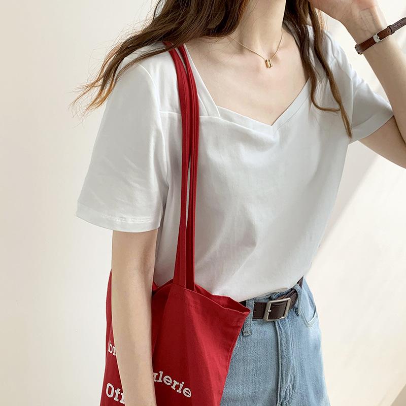 GMXIA White Short-sleeved T-shirt Women's Summer Square Neck Loose Retro Shoulder V-neck Design Feeling Niche Top Trend
