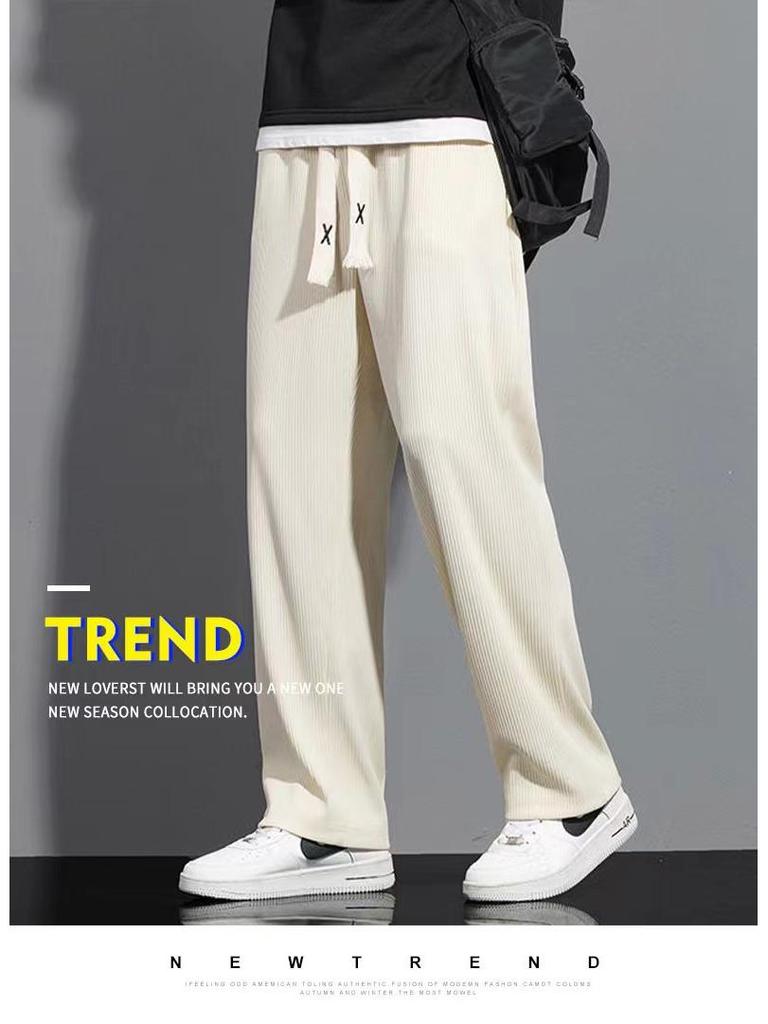 Men's Trendy Summer Ice Silk Wide-Leg Pants - Casual, Solid Color, Plus Size, Straight-Leg Sports Style