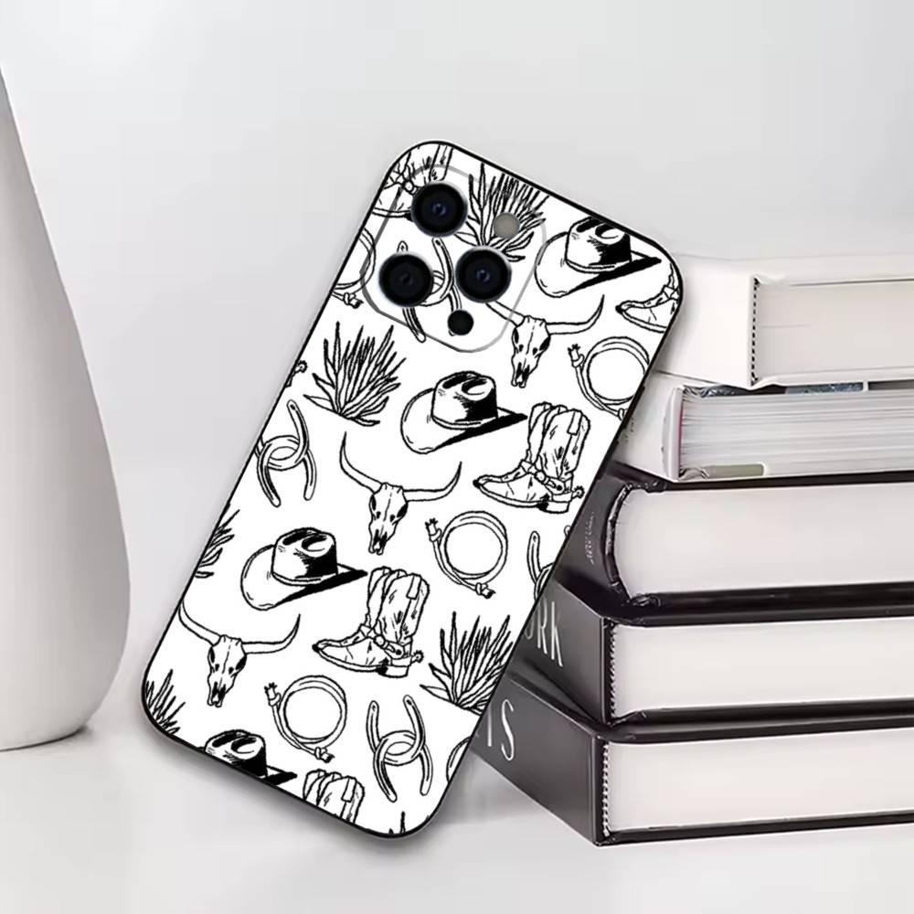 

Minimalist Western Cowboy Phone Case For iPhone17,16,15,14,13,12,11 Plus,Pro Soft Silicone Black Cover iPhone13PROMAX