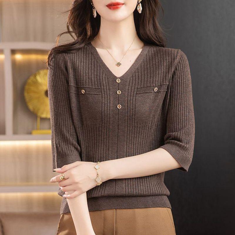 Fashion Women Clothing Solid 3/4 Sleeve Sweater Spring Autumn New Bottoming V-neck Loose Korean Casual Knitted Pullovers Tops