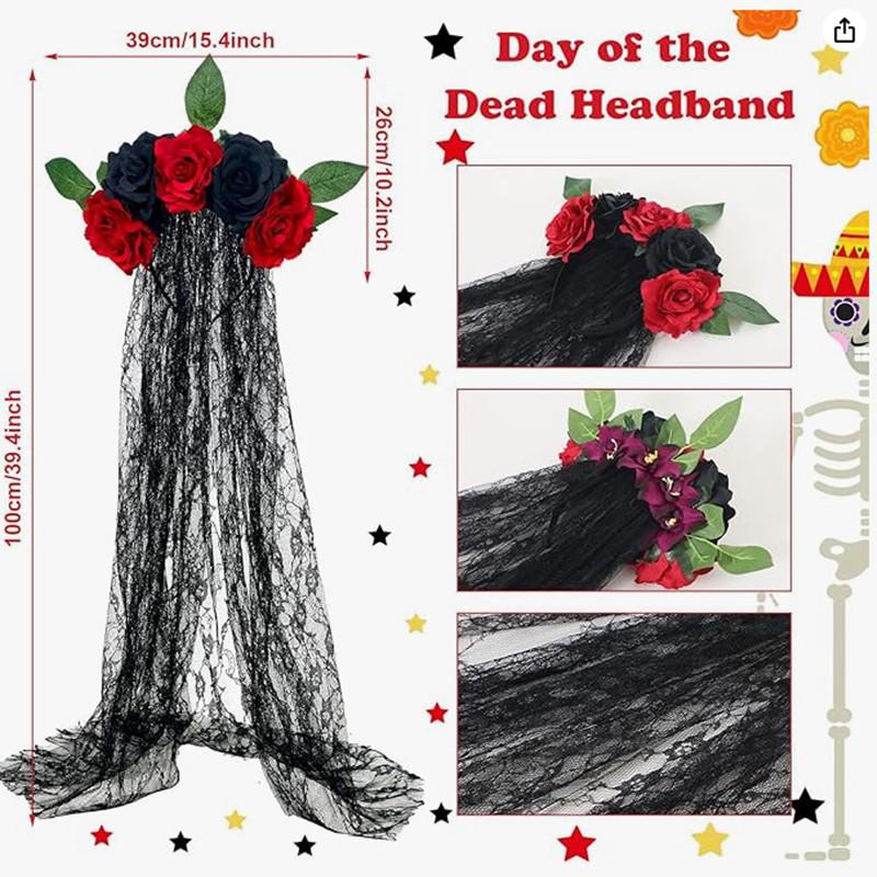 Halloween Party Essential Set: Tulle Headband, Skull Festival Hair Hoop, Gloves & Necklace for Day of the Dead Masquerade