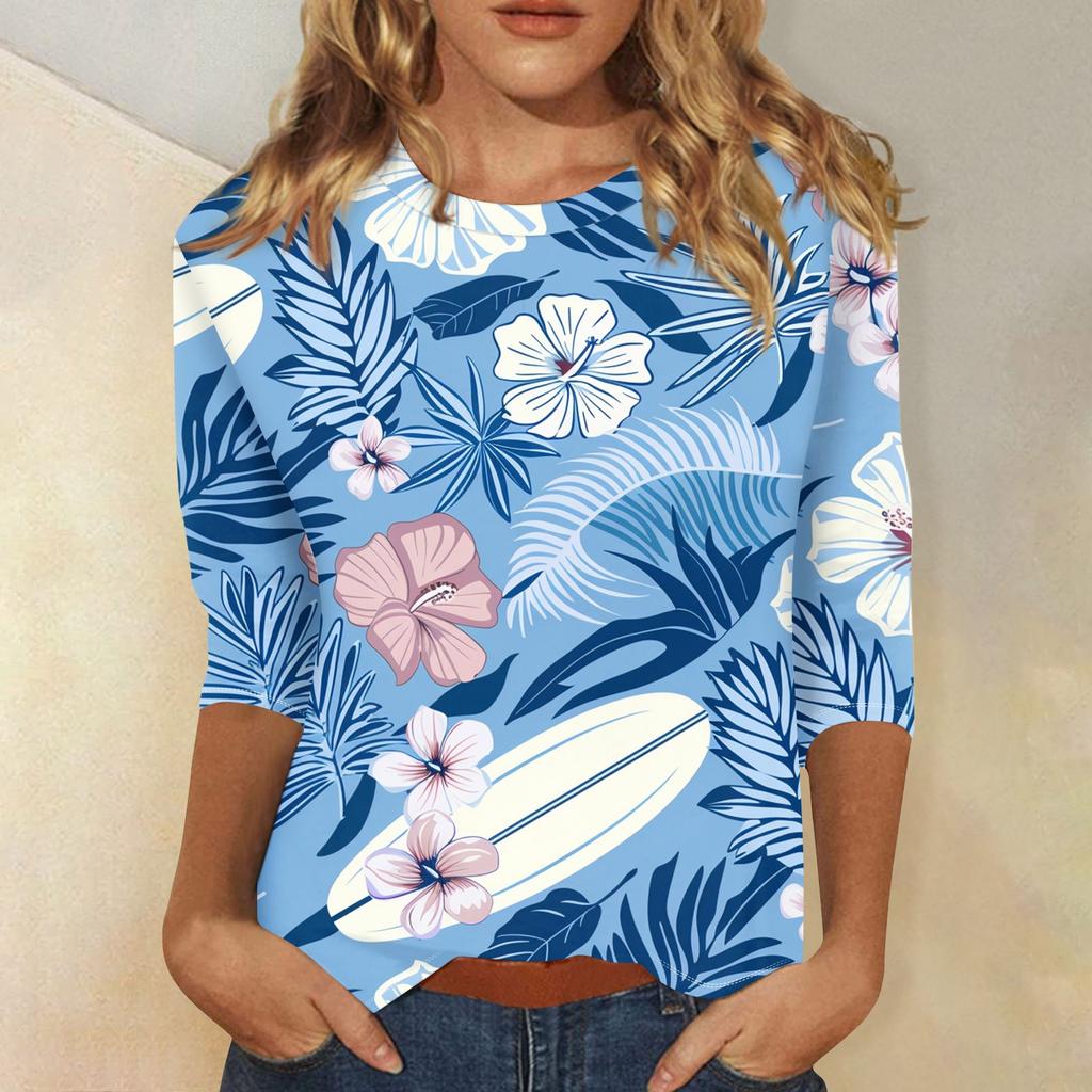 Women's Floral Print Round Neck Top With Three Quarter Sleeves T-Shirt Three Quarter Sleeves T-Shirt