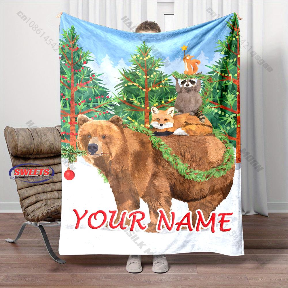Custom Name Red Car Christmas Tree Blanket, Christmas Flannel Throw Blanket, Personalized Holiday Gift for Family