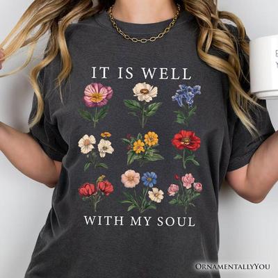 It Is Well With My Soul Christian Floral T-and Kids Tshirt, Vintage Bible Verse Dark Tee