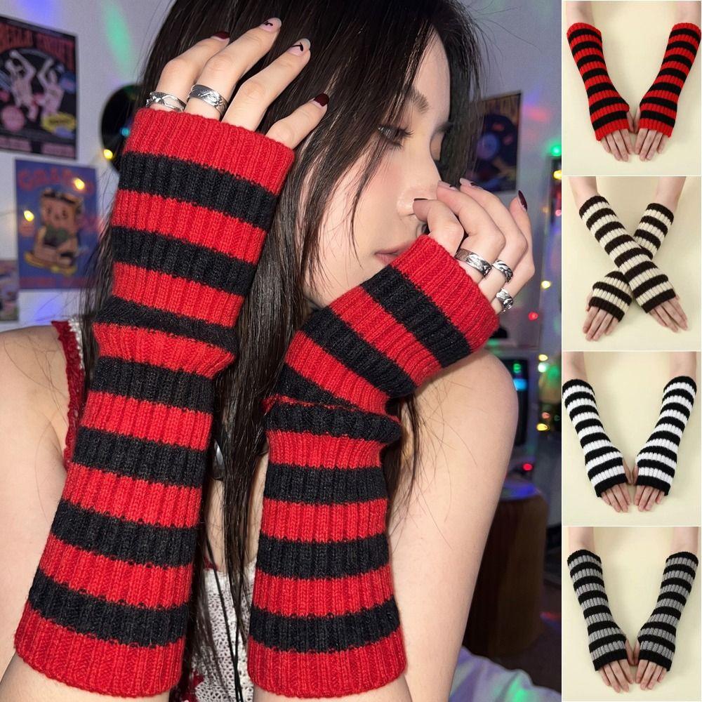 Lolita Long Fingerless Gloves Y2K Fingerless Arm Warmers Arm Cover Striped Knitted Arm Sleeves  JK