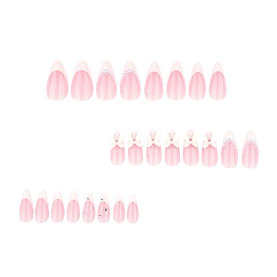 24Pcs Nude Pink Press on Nails, White Bow Faux Pearl Glue on False Nails, Almond French Tip Stick-on Fake Nails Decoration