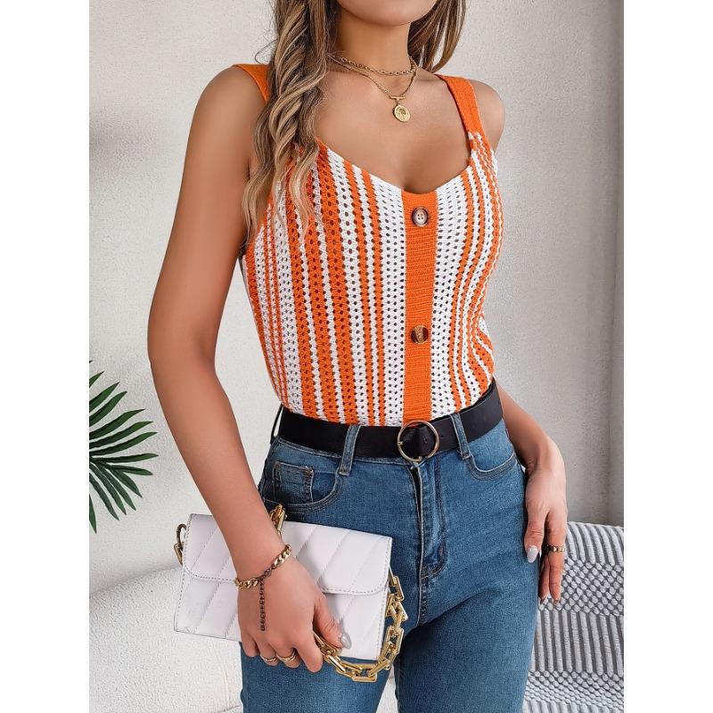 

Весенне-летний европейский и американский топ на бретелях с V-образным вырезом, на пуговицах, ажурной вязки, женский XL оранжевый