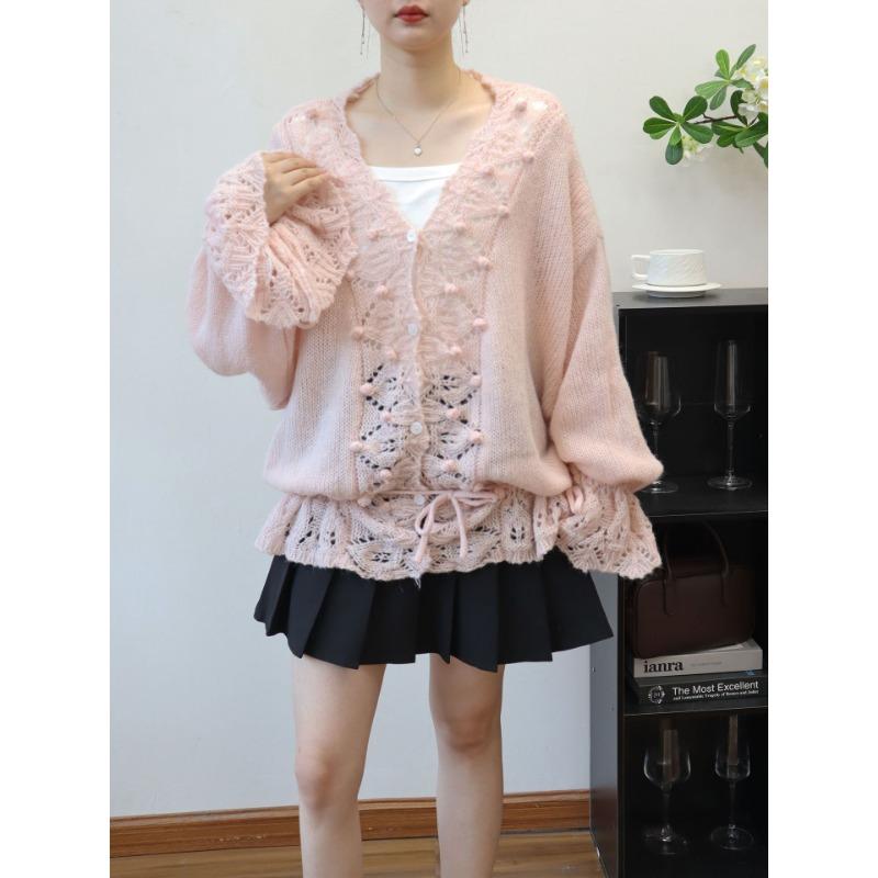 

Кардиган вязаный с V-образным вырезом, полым узором и кулиской, новинка ранней осени, женская свободная милая куртка-свитер one size fits all розовый