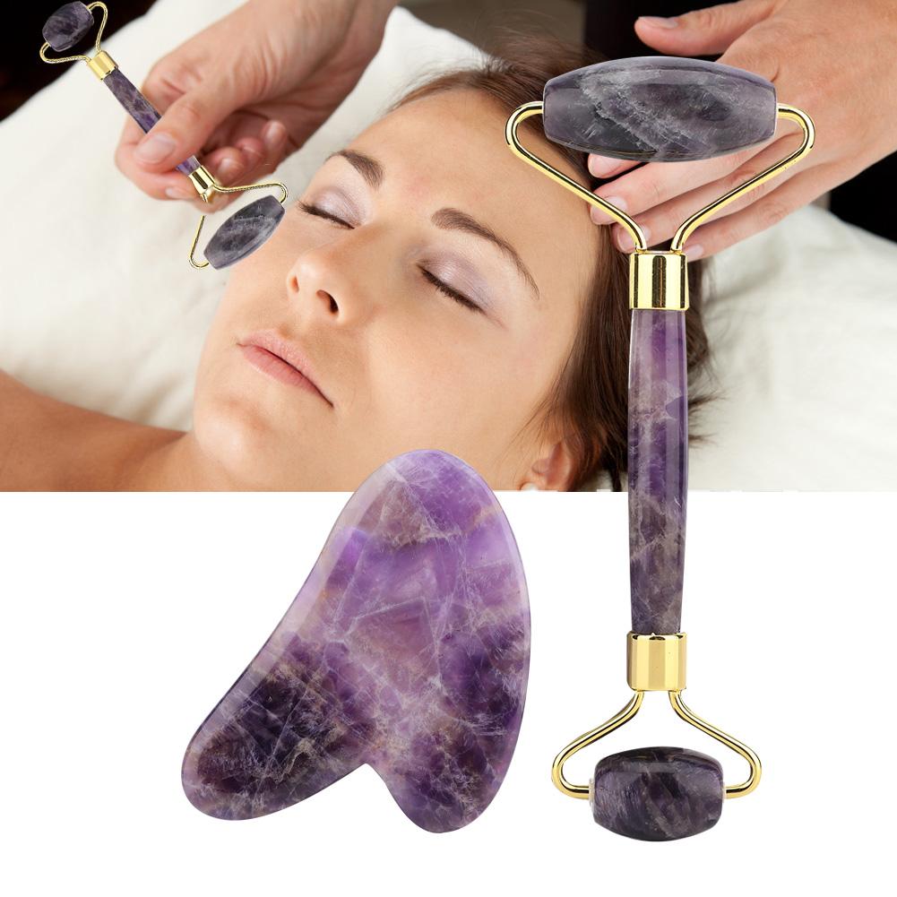 Natural Amethyst Double Head Jade Stone Roller & Guasha Scrapping Plate Face Massage Tool Kit