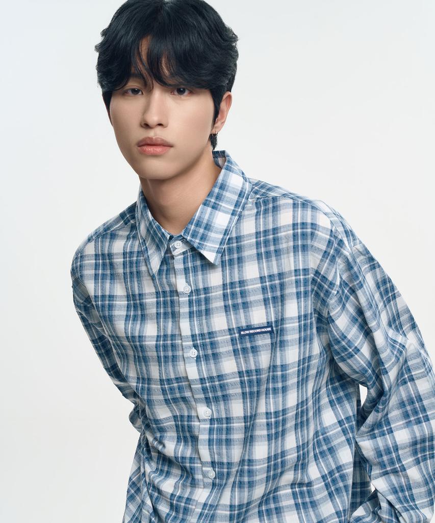 SLOW RECORD HOUSE Seersucker Oversized Check Shirt_Blue