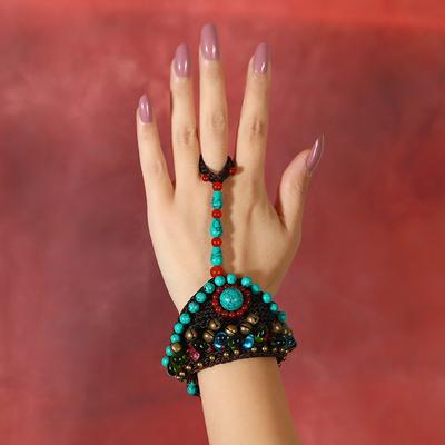 Vintage Türkis gewebtes Glockenarmband Böhmisches Nischen-Damenarmband mit integriertem Ring