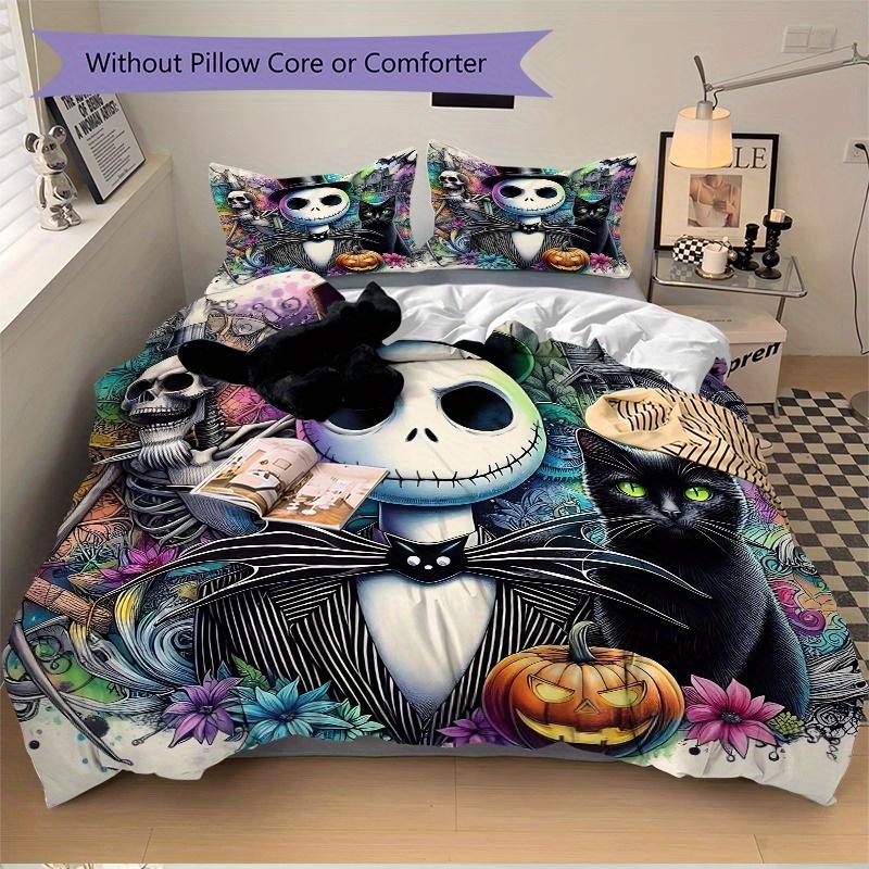 3pcs Halloween Nightmare Before Christmas Ideas Printed Quilt Set - Includes 1 Quilt Cover and 2 Pillowcases, Machine Washable - Suitable for All