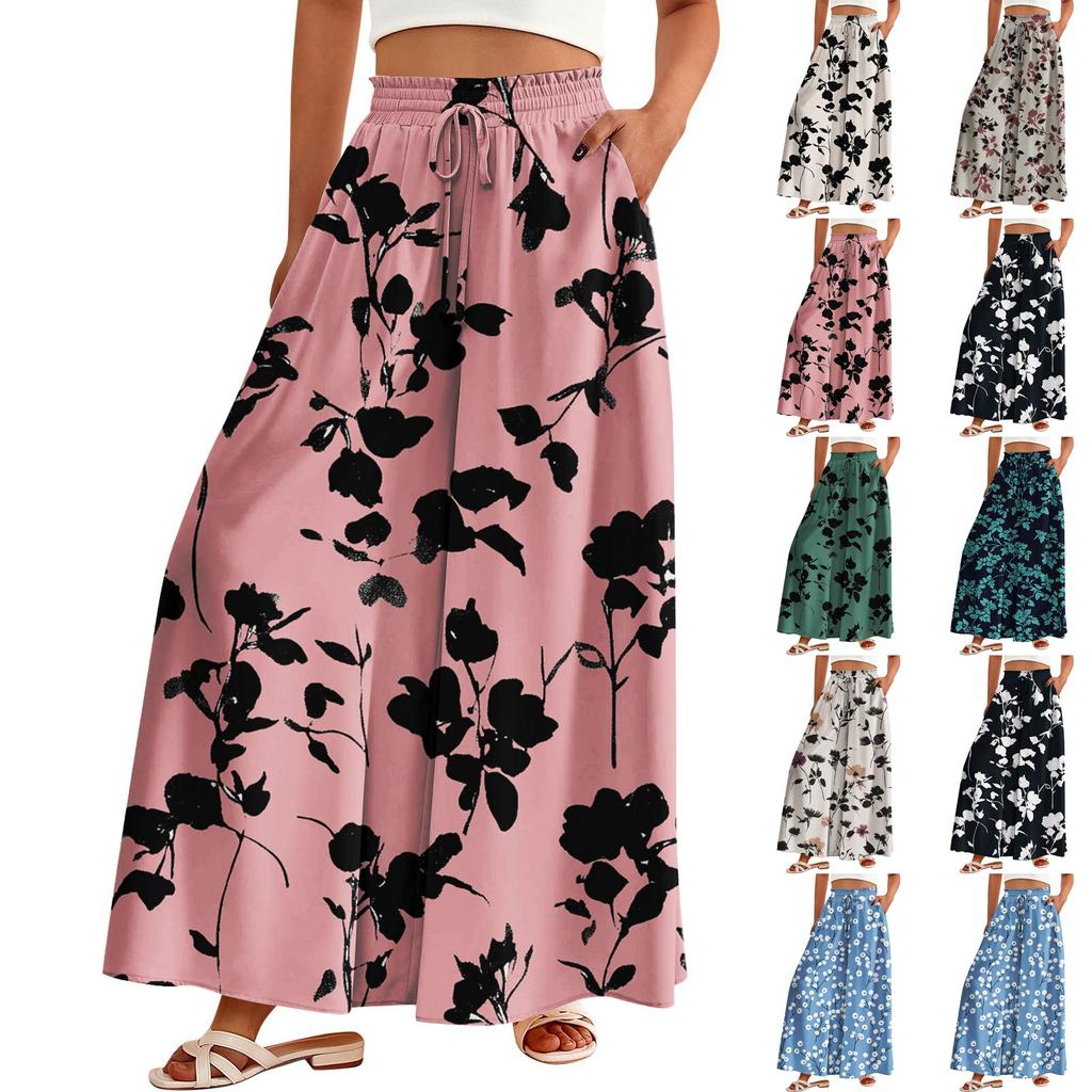 Women's Palazzo Pants Boho Floral Wide Leg Trousers Summer Beach High Waisted Flowy Pants With Pockets