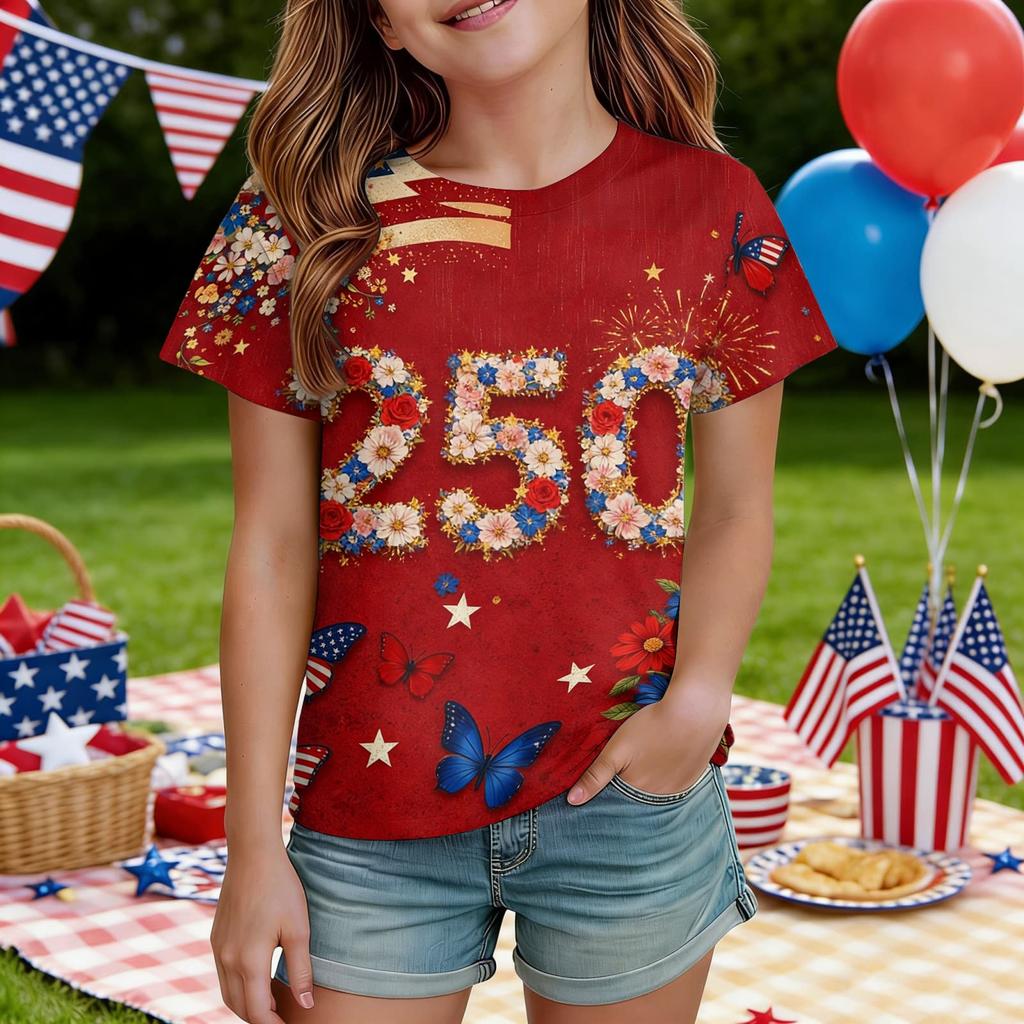Kids Independence Day Print Round Neck Short Sleeve Casual T-shirt