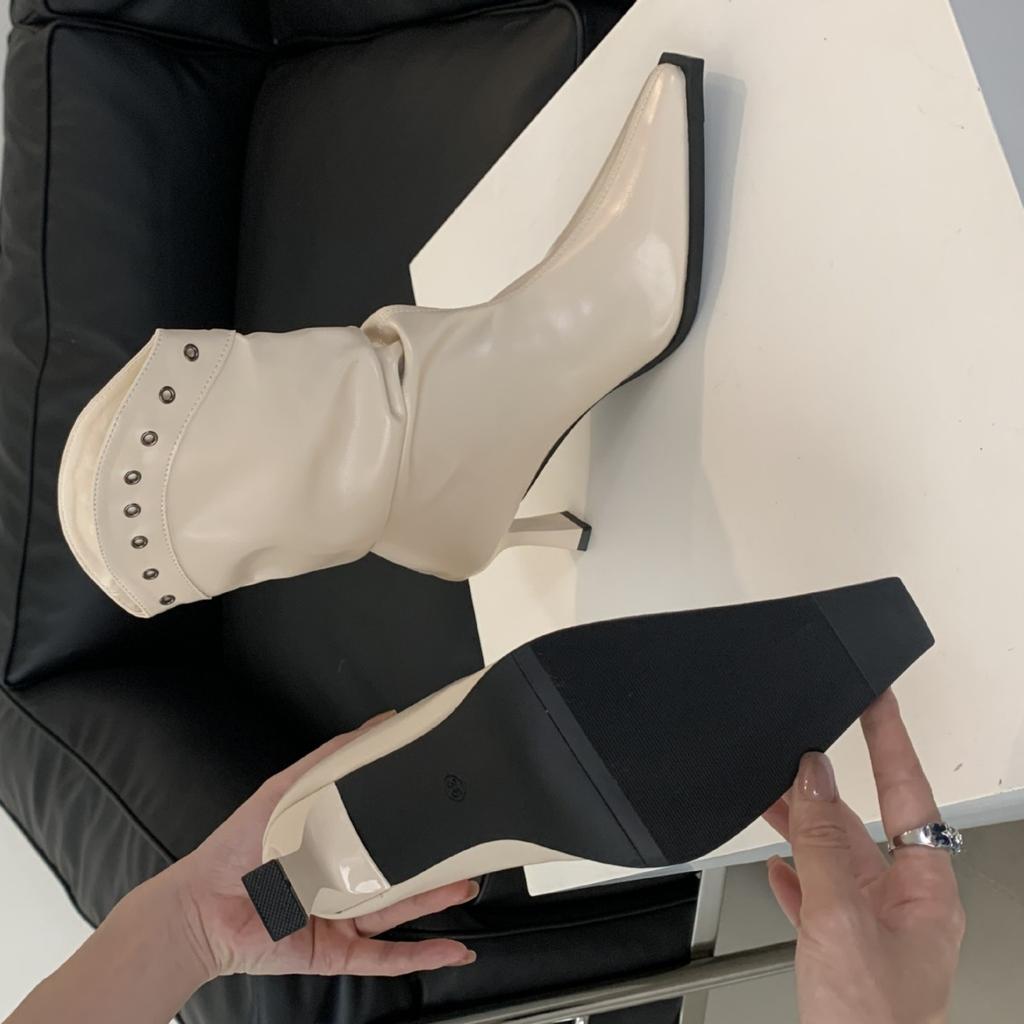 2025 Autumn New High-heeled Small Square Head Rivets Low Tube Folds Thin Fashion Spice Girl Martin Women's Short Boots