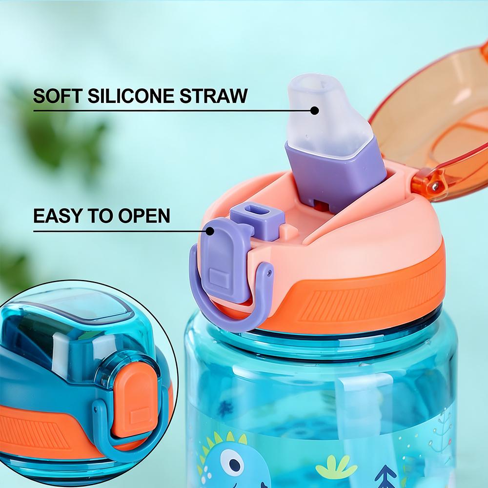 600ml Dětská láhev na vodu s dinosaurem, pítko se silikonovou slámkou, nepropustné plastové lahve na vodu, letní dětský pohár na vodu