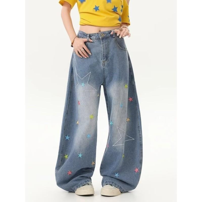 2026 Embroidered Denim Pants Loose Fit High Street Style Wide Leg Jeans Teens