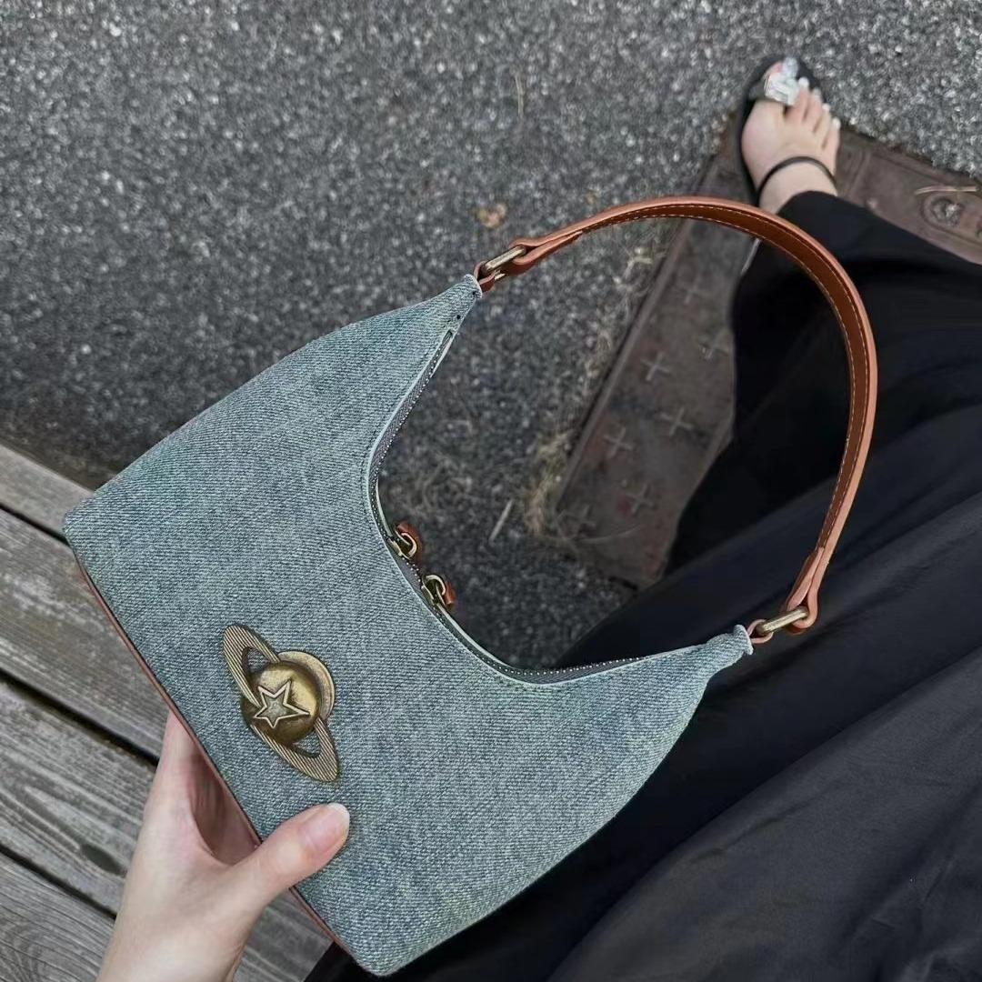 

New Hobo Planet Denim Shoulder Bag - Versatile Niche Handbag peacock синього кольору