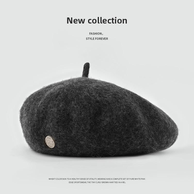 Wool Beret Hat Women's Autumn and Winter Big Head Circumference British Retro Octagonal Painter Hat