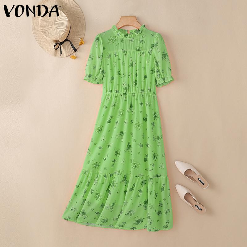 

VONDA Элегантное женское платье с пышными рукавами, цветочным принтом, оборками и многослойной юбкой, повседневное длинное плиссированное платье 5XL зелёный