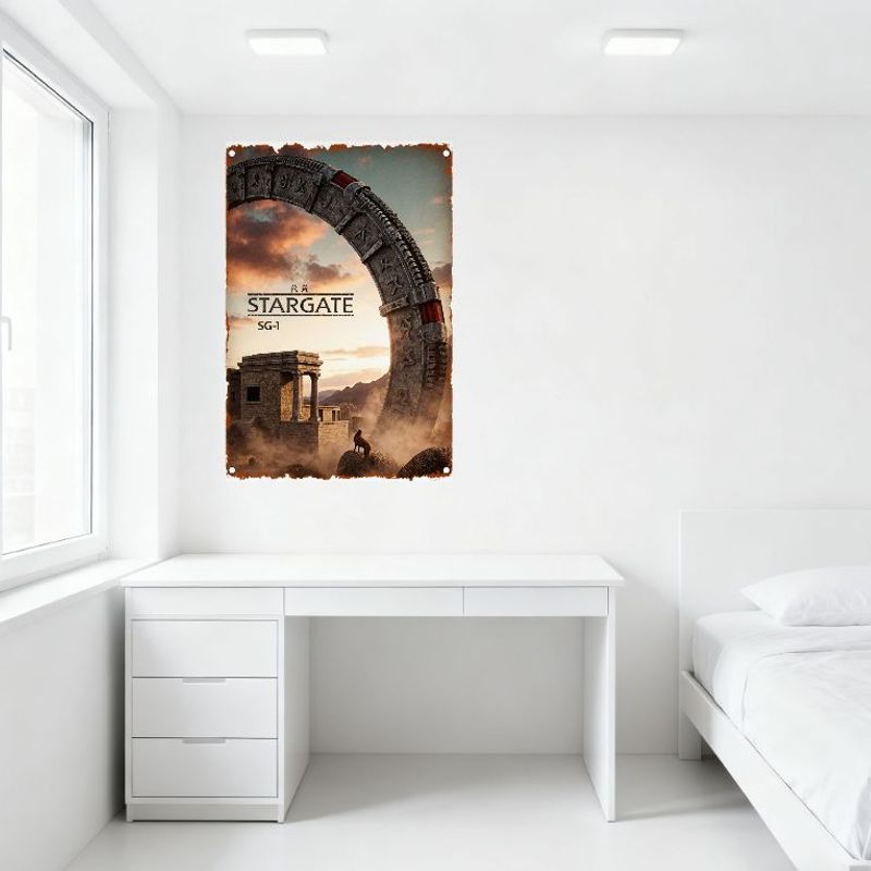 Vintage Stargate SG-1 Metal Tin Sign, Ancient Stone Gate with Symbols, Desert Landscape, Dog & Temple Structure, Warm Color Sche